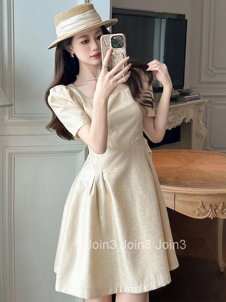 New Summer Fashion Elegant Solid Simple A-Line Short Dress Women Clothes Casual Retro Puff Sleeve Slim Party Prom Gown Vestidos