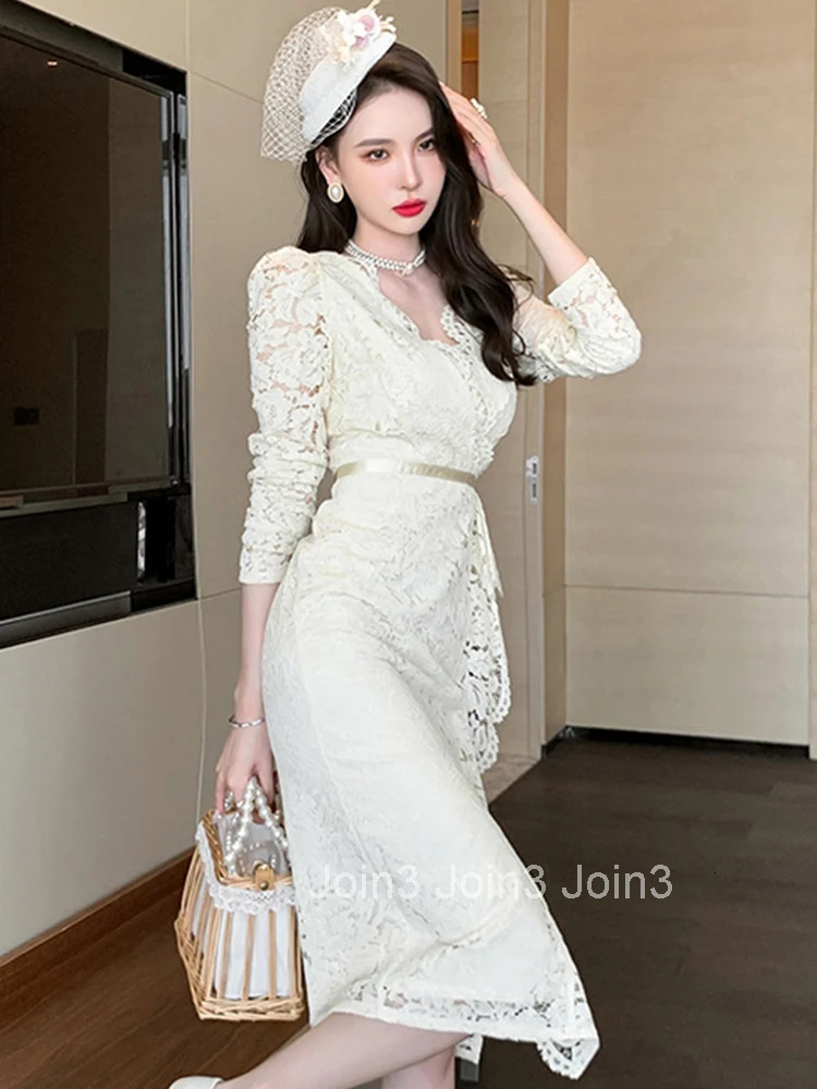 Fashion Korean Style Women Vintage Sexy Lace Ruffle Midi Party Dress Elegant Temperament Coffee Break Asymmetrical Female Dress