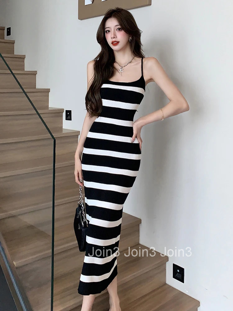 Women Stretchy Clothes Black White Striped Sexy Strap Skinny Bodycon Long Dress Ladies Fashion Party Prom Vestidos Robe Summer