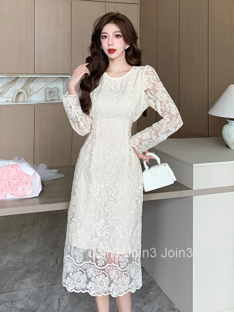 Spring Autumn Fashion Sweet Lace Embroidery A-Line Long Dress Women Clothes Elegant Vintage Puff Sleeve Slim Vestidos Robe Femme