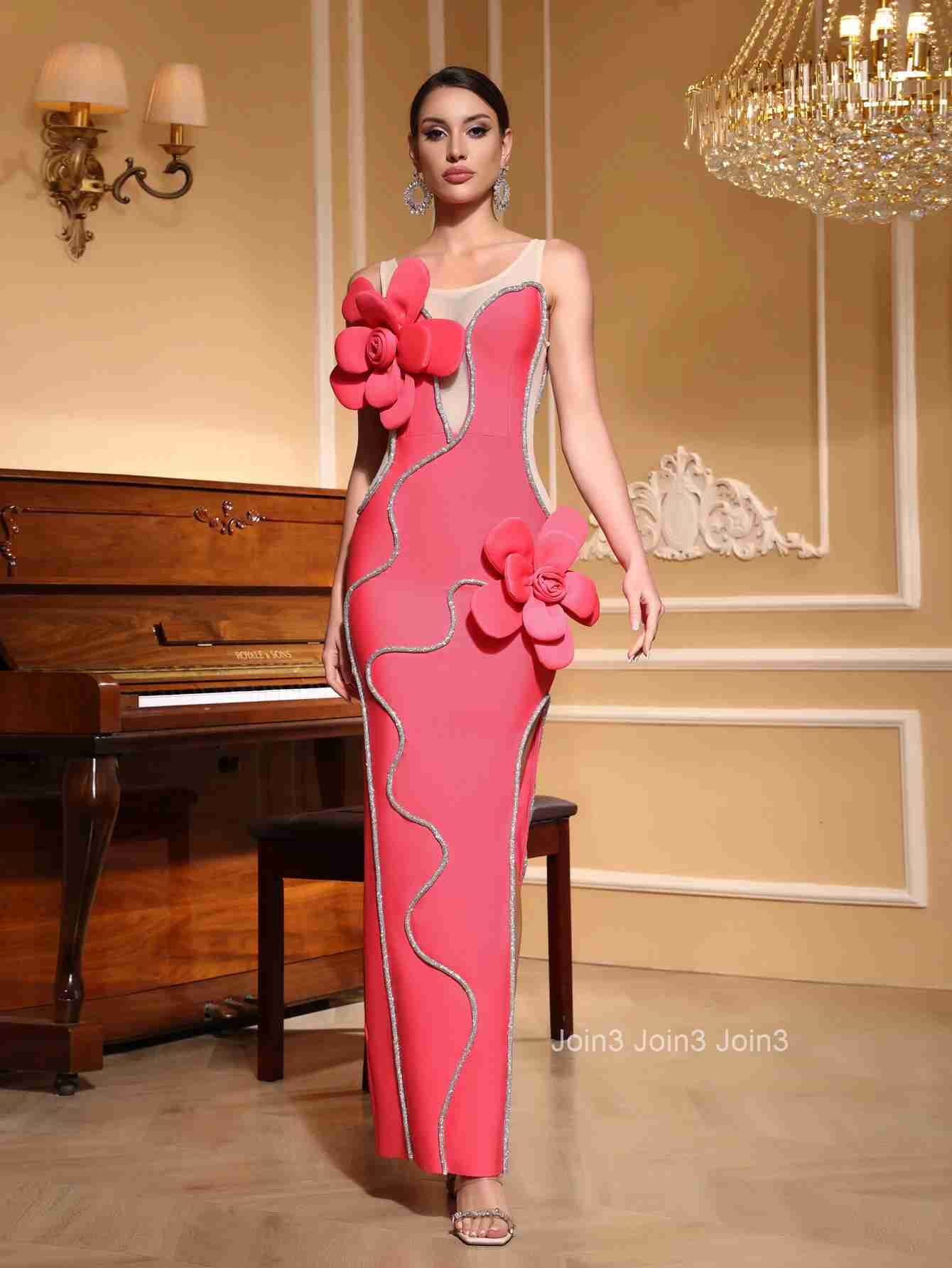 Womens Hot 2 Colour Bandage Dress 3D Floral Sheer Panel Evening Gown Sequined Slit Formal Party Wear