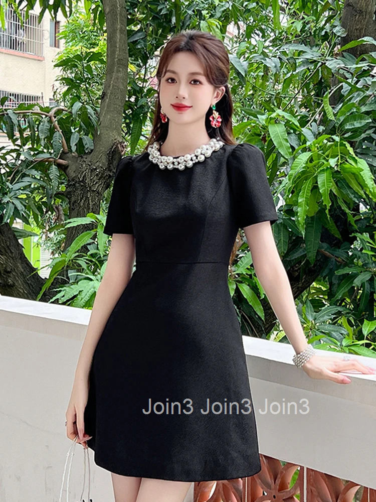 Simple Black Vintage Short Evening Dress Women Clothes New Summer Elegant Pearl O-Neck Slim Mini Party Club Prom Vestidos Fiesta