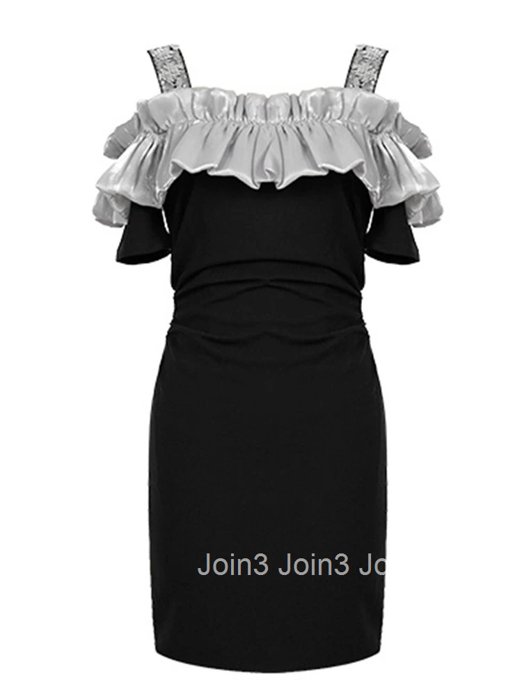 Women Clothes Sweet Ruffle Black Sexy Sequin Sling Folds Slim Short Dress Elegant Fashion Evening Party Prom Vestidos Casual New