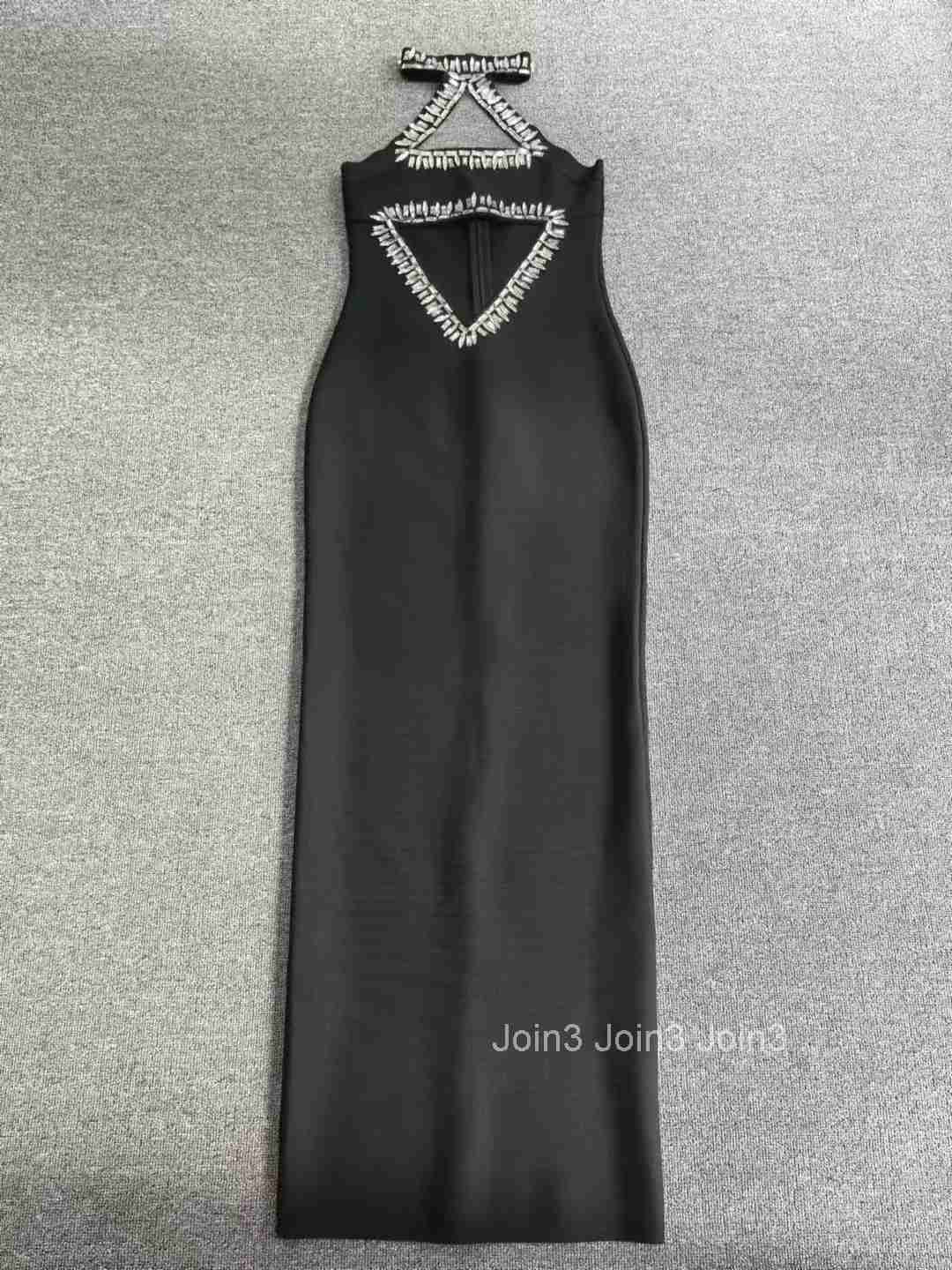 Chic Womens Clothing Sexy Hollow Backless Neck-Mounted Luxury Diamonds Decoration Sleeveless Celebrity Vestidos Black Bandage D
