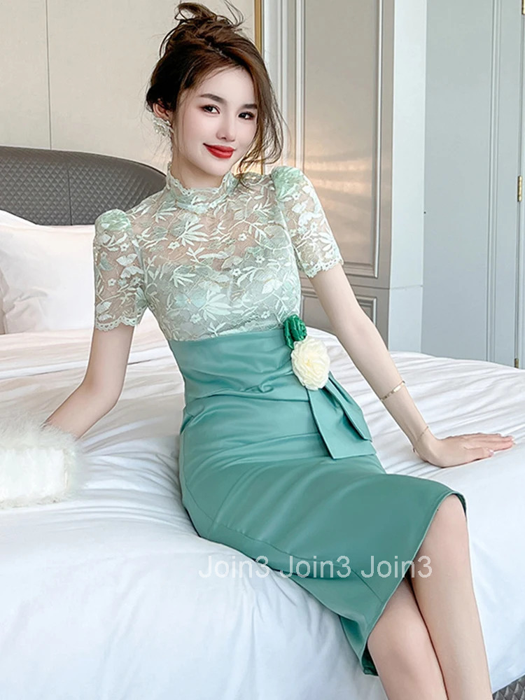 Summer Evening Dress For Women Elegant Chic Lace Spliced Satin Sheer Short Sleeve Wrap Hip Midi Party Prom Mujer Vestidos Street