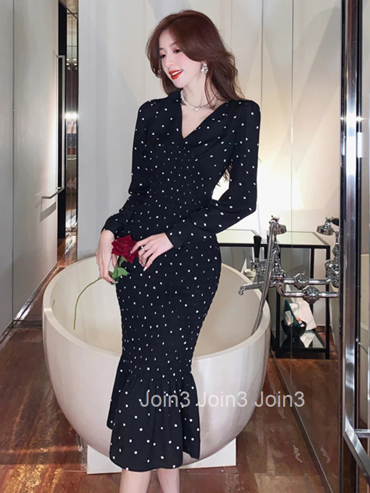 New Spring Autumn Women Evening Dress Vintage Black Dot V-Neck Corset Slim Midi Fishtail Party Beach Robe Femme Mujer Vestidos