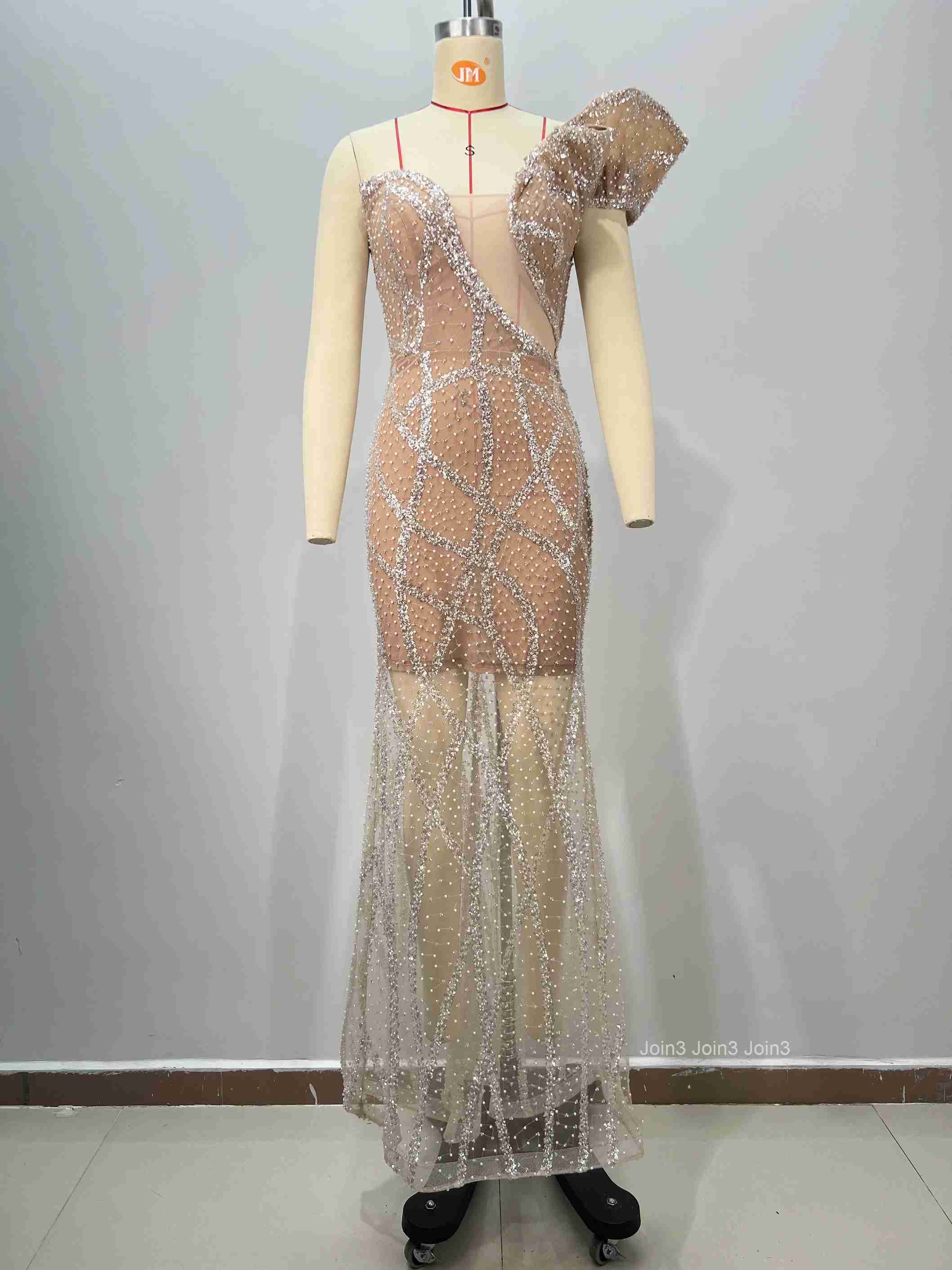 Womens Apricot Bandage Dress One-Shoulder Ruffled Sequin Shoulder Lace Patchwork Evening Gown Formal Party Wear