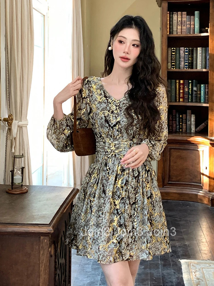 French Fashionable Mini Dress Women Vintage Print Long Sleeve Pleated Ball Gown Lady Coffee Break Street Vestido Holiday Clothes