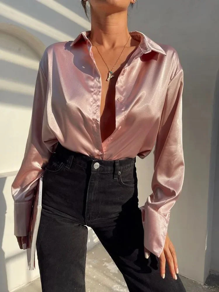 Long Sleeve Blouse Tops Women Shirt Green Button Up Lapel Loose Satin Camisas Elegant Spring Summer Office Ladies Shirts Top 250617