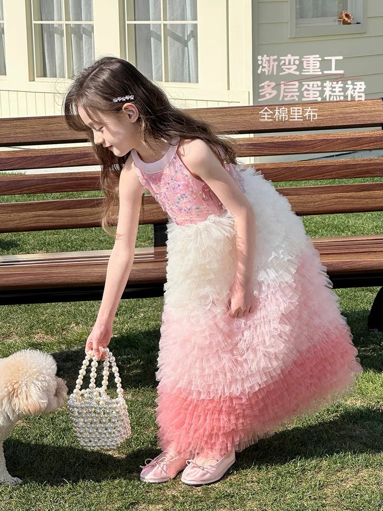 Girl's neck hanging dress casual dress fluffy dress rainbow gradient dress formal dress birthday party dress
