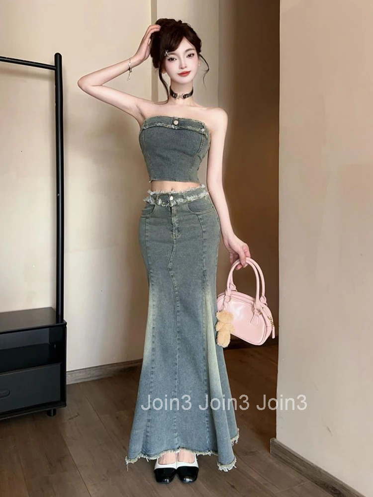 Women Clothes Casual Outfits Sexy Chest Wrapped Cropped Short Tops Shirt Blouse And High Waist Long Skirt Mujer 2 Pieces Set New