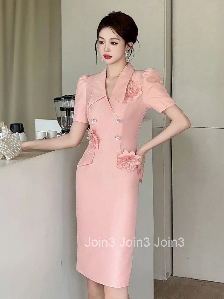 New Elegant Summer Fashion Pink Business Formal Occasion Dress Women Bubble Sleeve Slim Pencil Party Prom Vestido Street Clothes