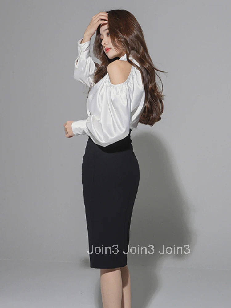 New Arrival Work Style Women Sets Off Shoulder Loose White Shirt And Slim Sexy Pencil Skirt Elegant Formal Two Pieces Women Sets