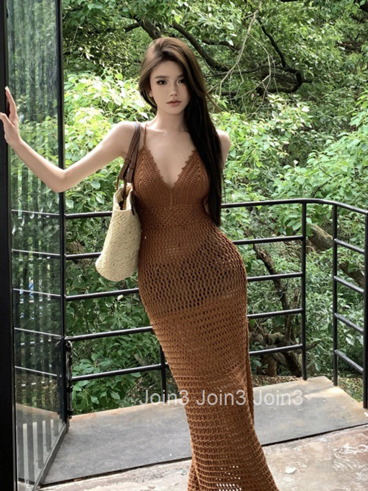 Summer Women Clothing Long Vacation Dress Pretty Knitted Chic Sheer Sexy Backless Skinny Maxi Robe Mujer Vestido Bikini Cover Up