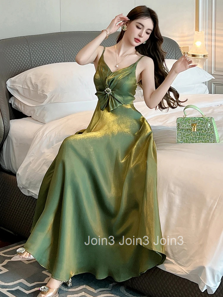 Summer Satin Sparkly Green Vacation Evening Dress Women Clothes Bow Sexy Sling V-Neck Slim A-Line Maxi Robe Party Prom Vestidos
