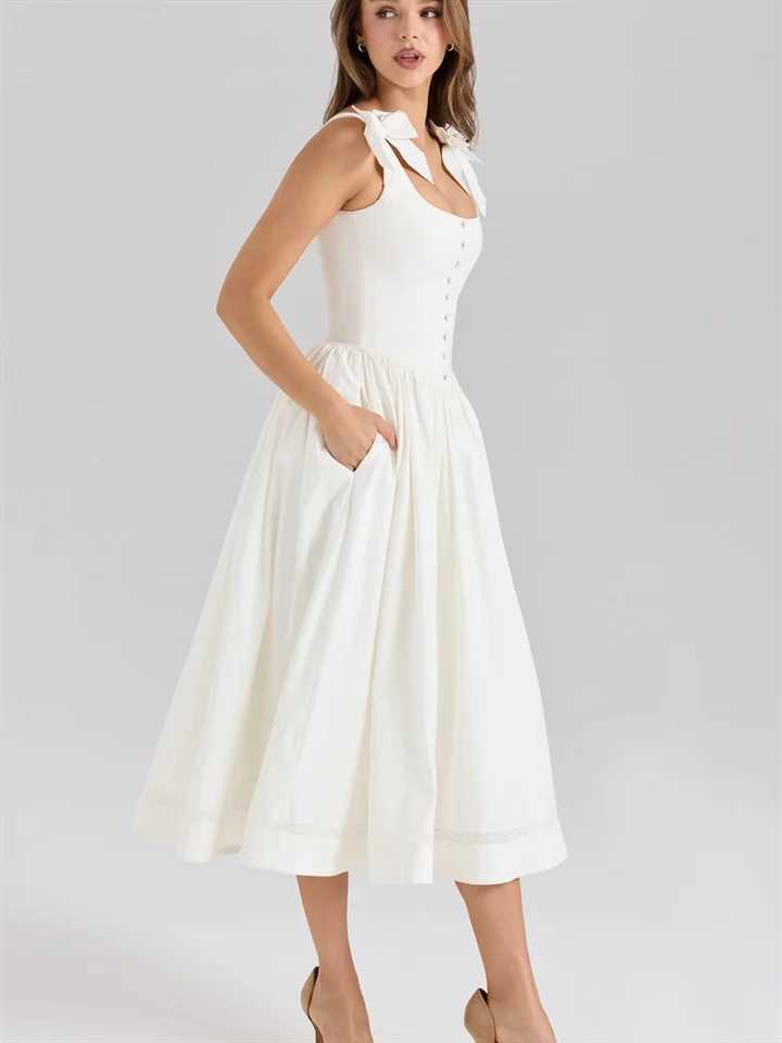 Womens Long Dress Elegant Lace Up Bow Square Collar Sleeveless Draped A-line Dresses Female 2025 Summer Lady Party Club Robes XJ250621