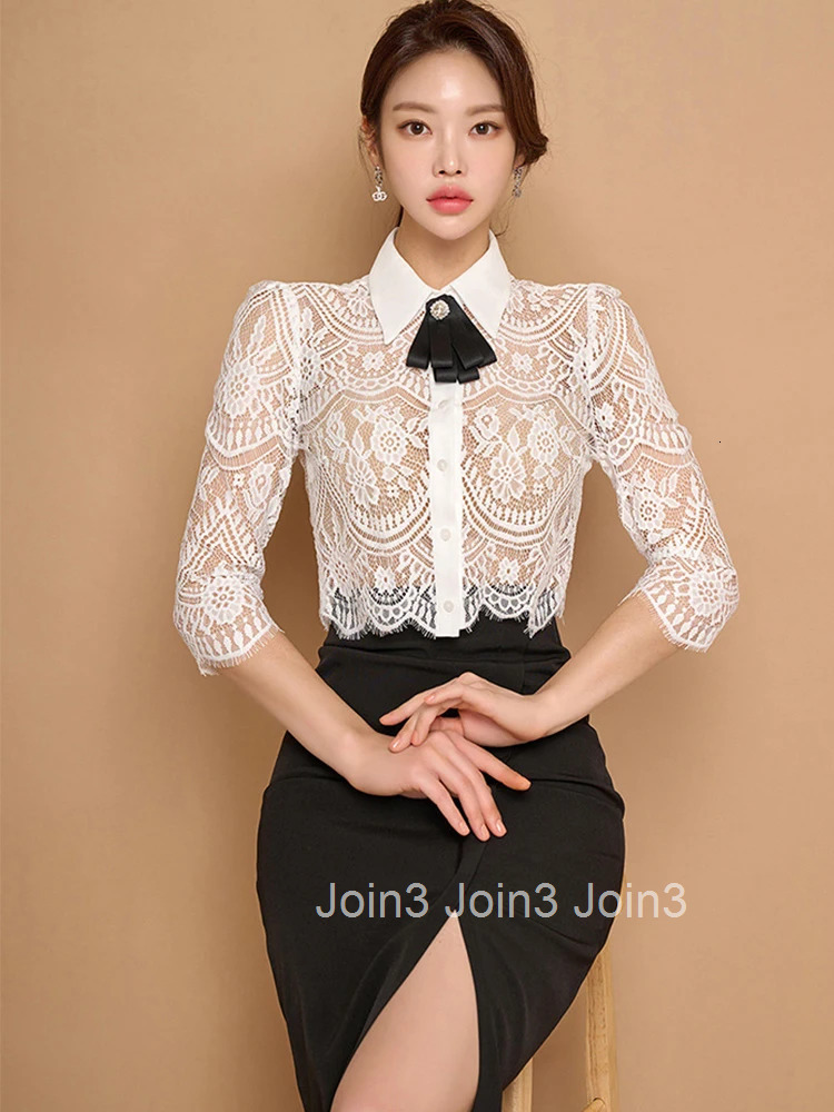 Summer Sexy 2 Pieces Outfits Elegant Office Women White Lace Sheer Short Tops Shirt Blouse Black High Waist Midi Skirt Mujer Set