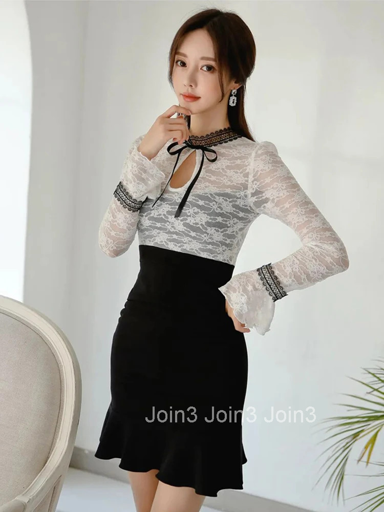 New Korean Fashion Spring Ladies Y2K Lace Splic Short Dresses Women Sweet Sheer Sexy Flare Sleeve Slim Mini Dress Mujer Vestidos