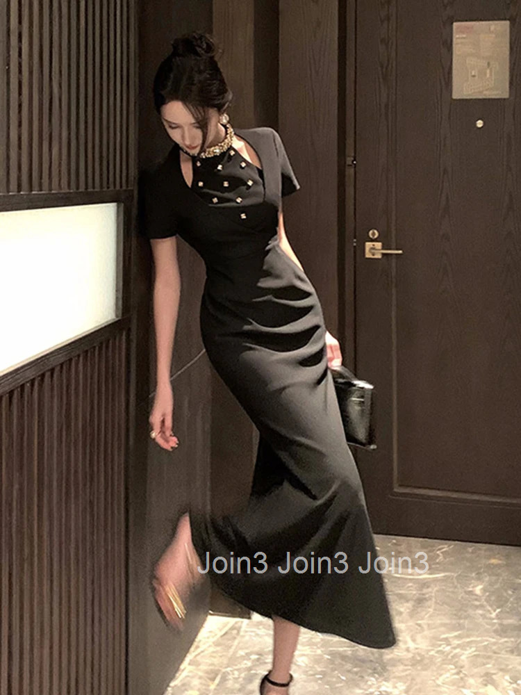 Women Clothes Black Sexy O-Neck Slim Maxi Long Dress Elegant Luxury Fashion Party Prom Vestidos Robe Fashion Formal Occasion New