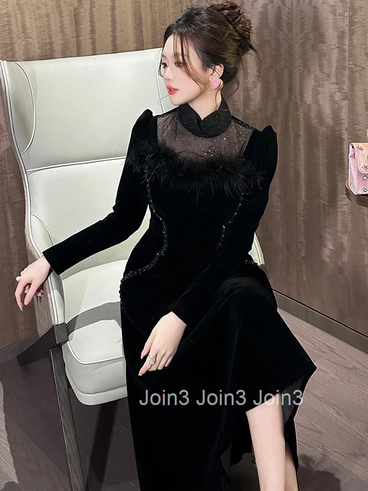 Women Clothes Retro Velvet Feather Stand Neck Slim Midi A-Line Dress Elegant Fashion Evening Party Prom Vestidos Robe Casual New