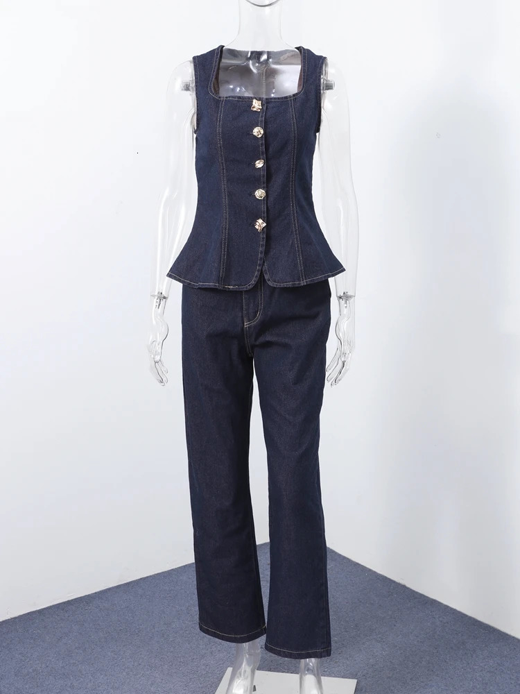 Trendy Womens Denim Suits Set With Chic Button Details Sling Crop Top Matching High Waist Straight Leg Jeans Casual Outfits 250616
