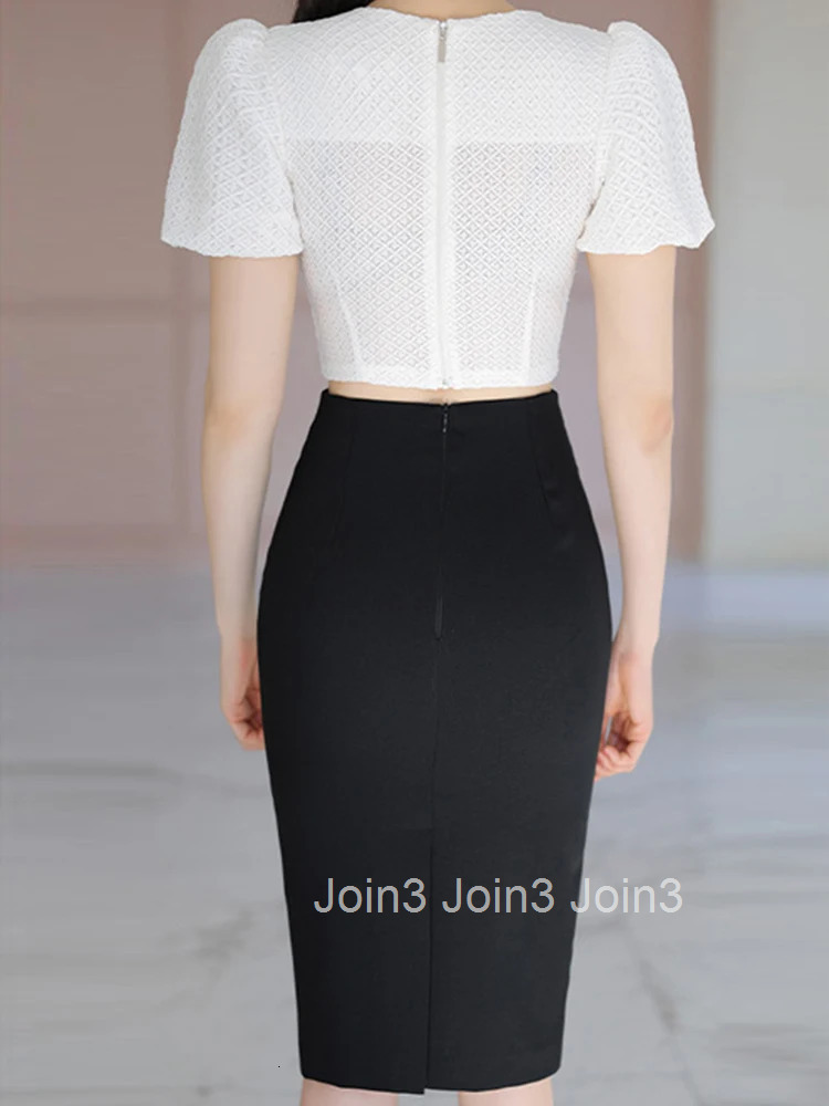 Summer Sexy 2 Pieces Outfits Women Clothes Elegant Puff Sleeve Crop Tops Shirt Blouse And Black High Waist Midi Skirt Mujer Set