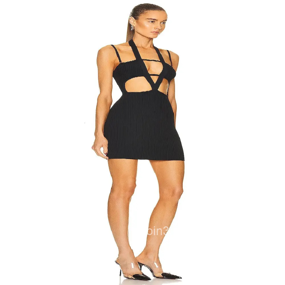 INS Pop Summer Womens Clothing Fashion Black Hollow Out Sleeveless Backless Mini Bandage Dress Lady Sexy Club Party Sling Skirt