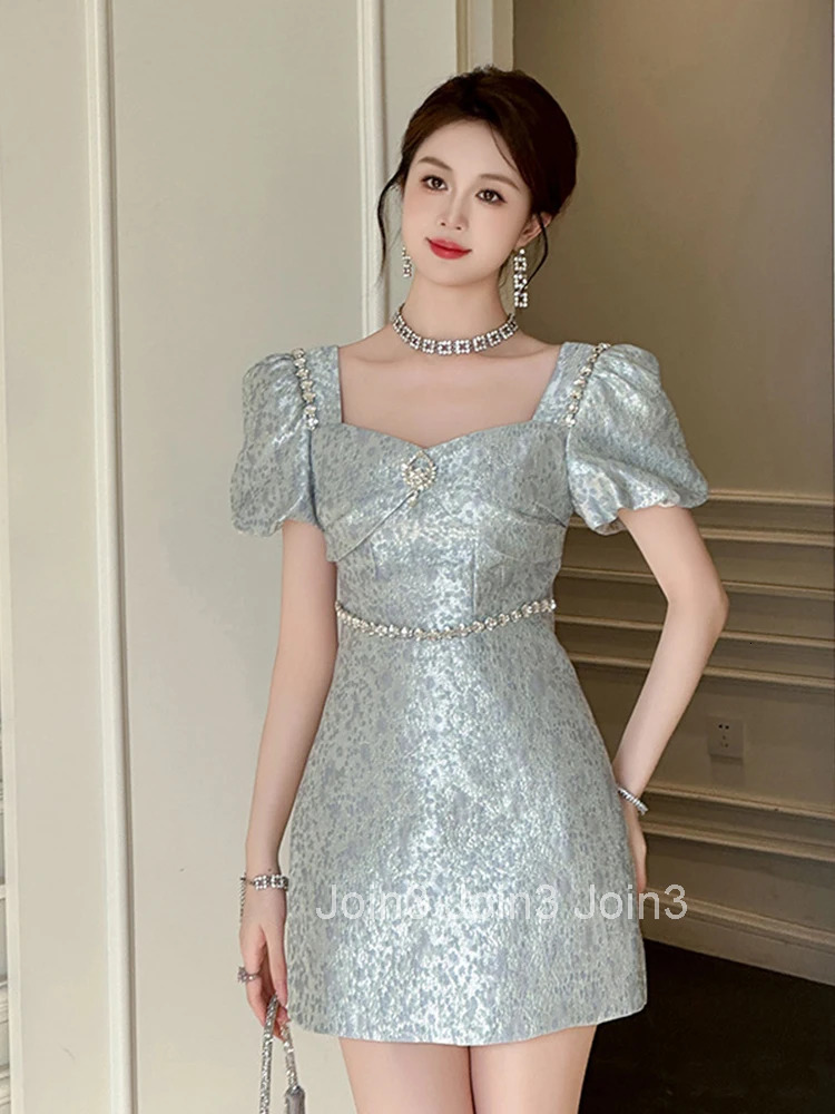 Fashion Elegant Luxury Jacquard Summer Evening Dress Women Clothes Sweet Sexy Square Collar Slim Mini Party Prom Vestidos Fiesta