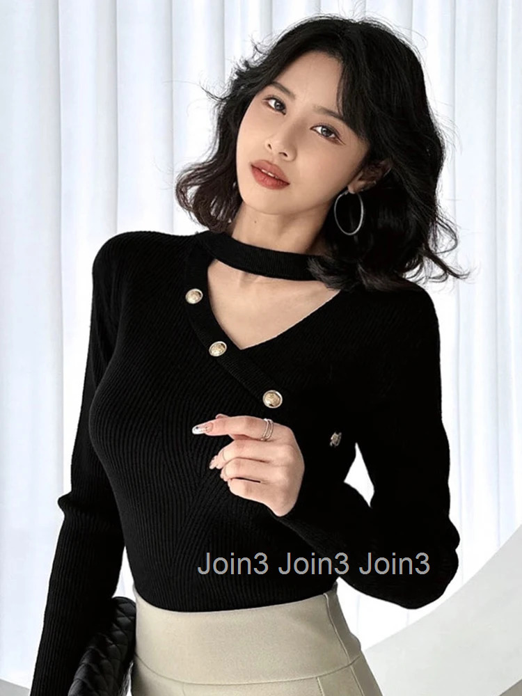 Fashion Autumn Winter Knitted Shirt Mujer Women Ladies Sweater Black Chic Hollow O-Neck Long Sleeve Skinny Stretchy Clothes Tops