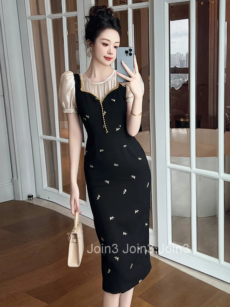 New Summer Fashion Black Fake 2 Pieces Formal Occasion Dress Women Clothes Casual Elegant Puff Sleeve Slim Pencil Party Vestidos