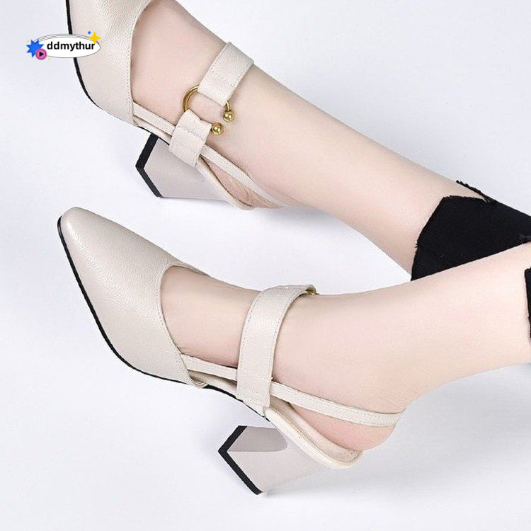 Summer New Women's Casual Square Toe Slingback Sandals with Chunky High Heels Fashionable Leather Shoes ddmythur