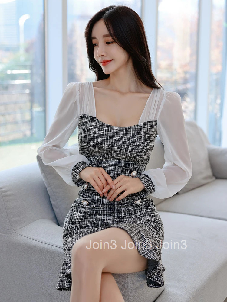 Korean Elegant Office Dress Women Casual Square Collar Chiffon Stitching Tweed Mini Sweet Mermaid Slim Female Vestido Streetwear