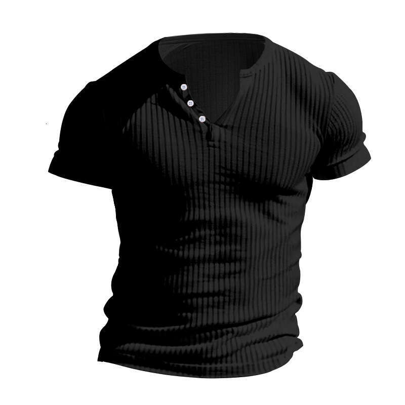 European and American Solid Color Men's New Summer Versatile Short Sleeve Foreign Trade Henley Shirt Fashion Hot Selling Cross-border Casual Knit