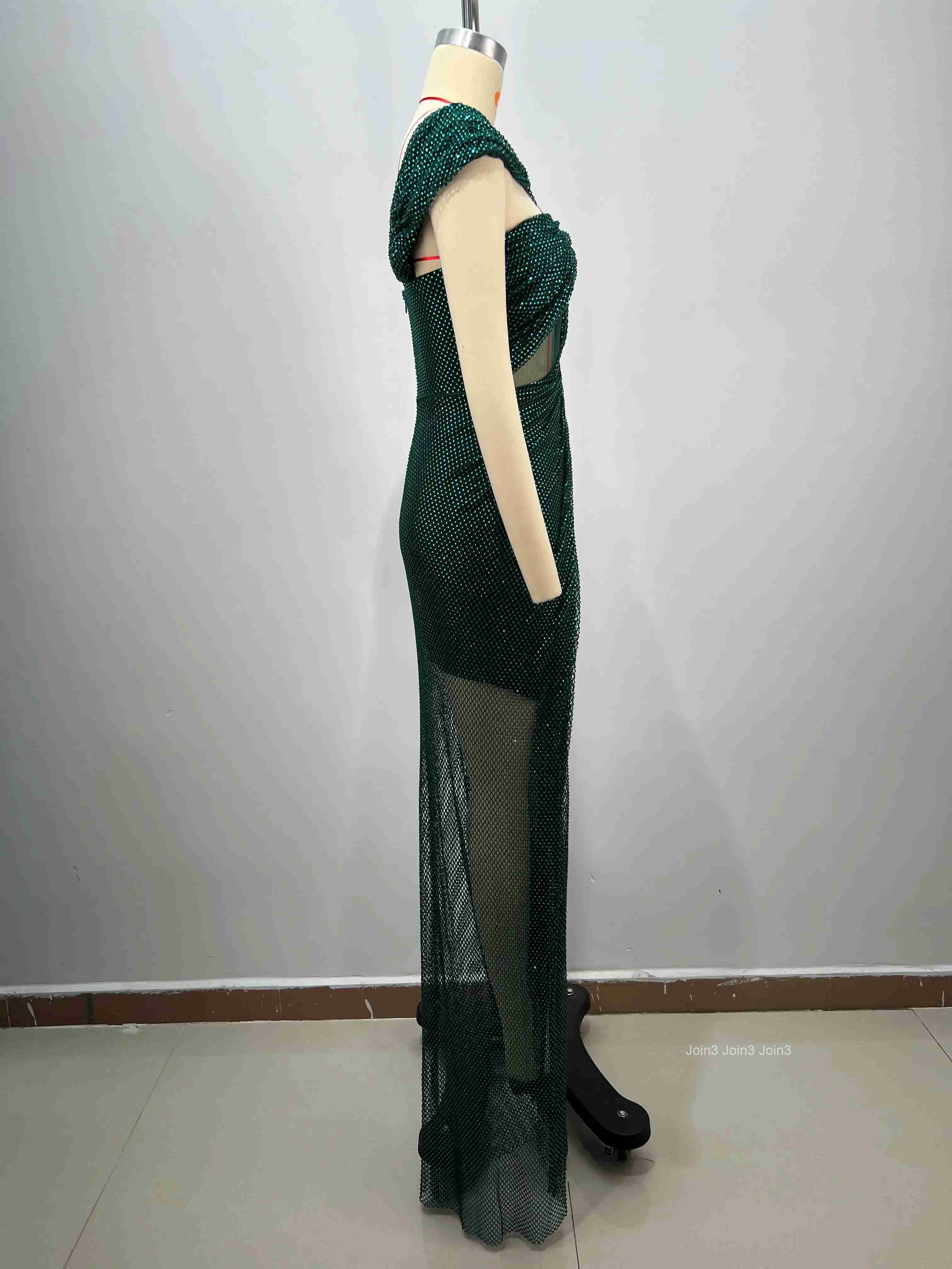 Womens Dark Green Sequin Asymmetric Bandage Dress Cross Back Cut-out Mermaid Evening Gown Sheer Tulle Formal Party Dress