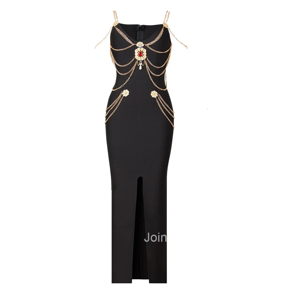 2025 Hot Design Dress Black Long Sexy Golden Sling V-Neck Celebrity Bandage Dress Bodycon Evening Party Red Carpet Dress