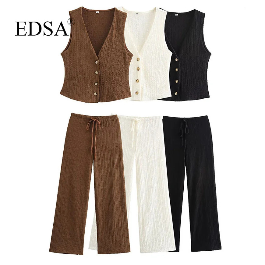 EDSA Women 2 Pcs Set VNeck Single Breasted Solid Texture Casual Vest TopHighWaisted Drawstring Wide Leg Pants 250614
