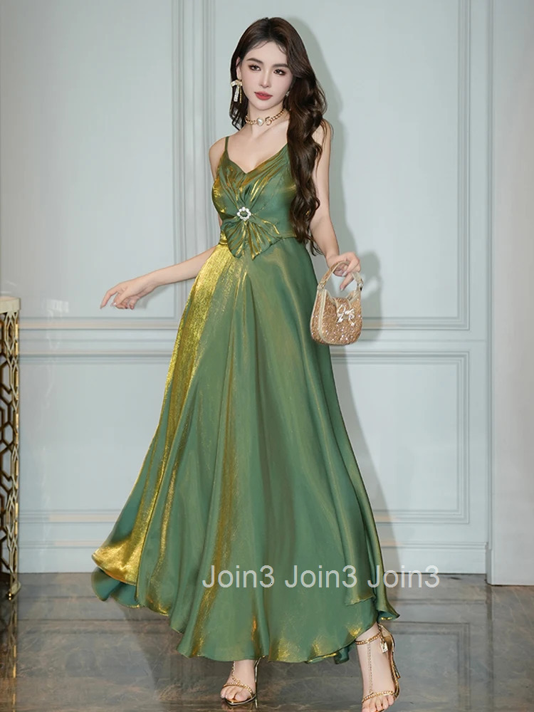 Summer Satin Sparkly Green Vacation Evening Dress Women Clothes Bow Sexy Sling V-Neck Slim A-Line Maxi Robe Party Prom Vestidos