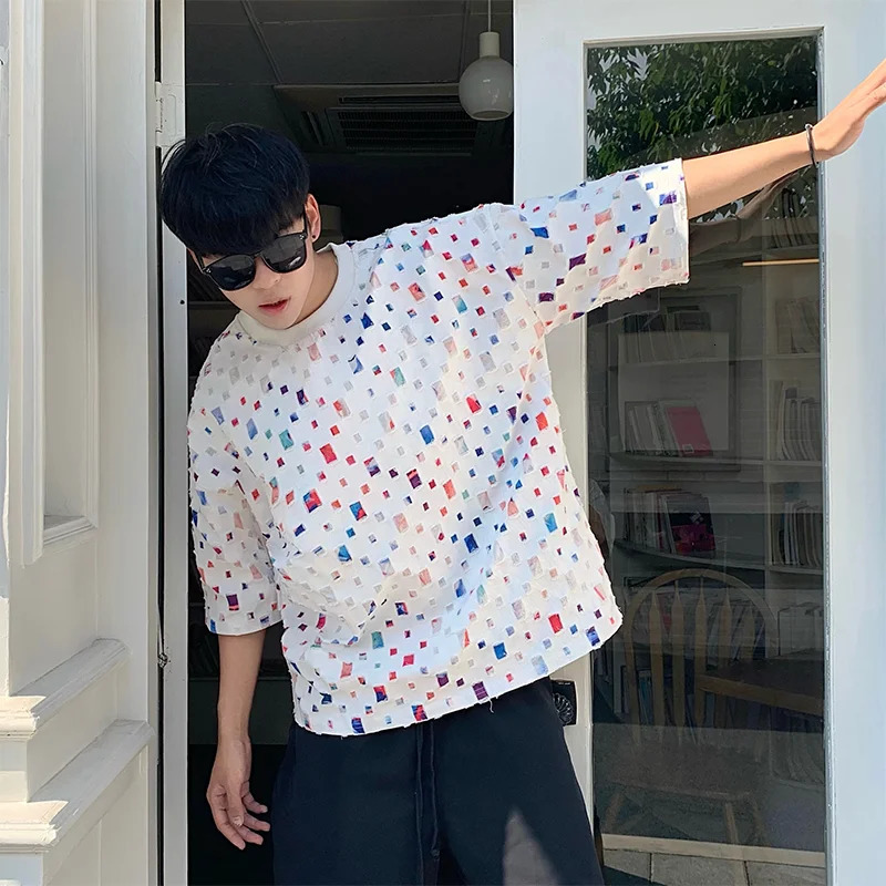 Summer Cotton Short Sleeved T-shirt Men Fashion Colorful Plaid T-shirt Men Streetwear Hip-hop Loose Hollow Out T Shirt Mens Tops 250616