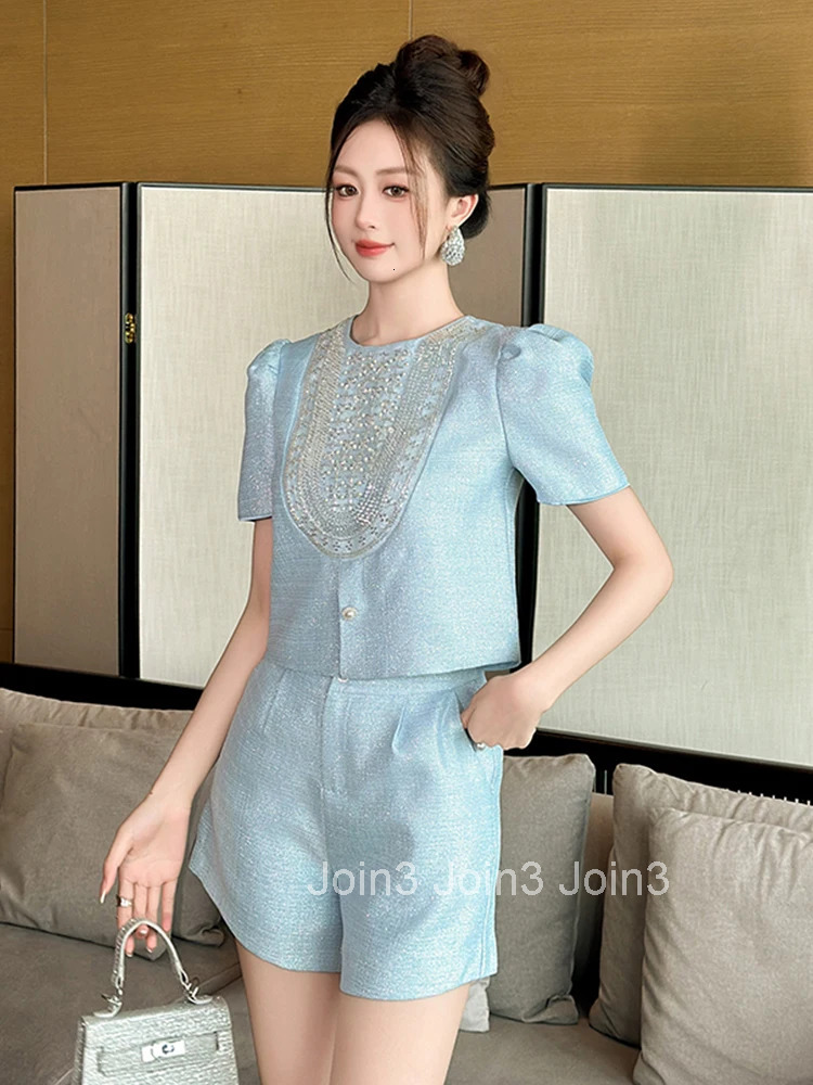 New Fashion Summer Casual Sweet 2 Piece Outfit Women Clothes Puff Sleeve Short Tops Shirt Blouse And High Waist Shorts Mujer Set