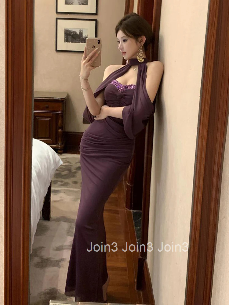 Women Clothes Vintage Sequin Purple Sexy Strapless Skinny Evening Long Dress Elegant Fashion Party Prom Vestidos Robe Beach New