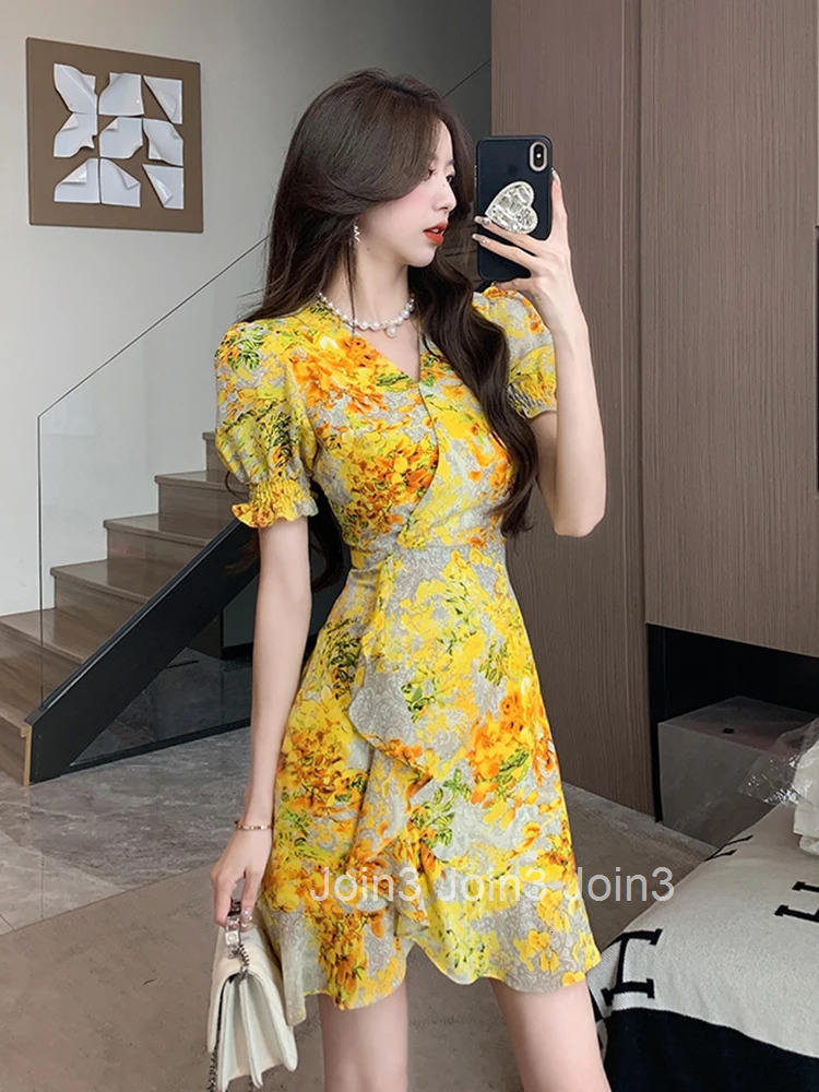 Summer Chiffon Short Vacation Dress Women Elegant Pretty Yellow Print Sexy V-Neck Slim Mini A-Line Mujer Vestidos Street Clothes