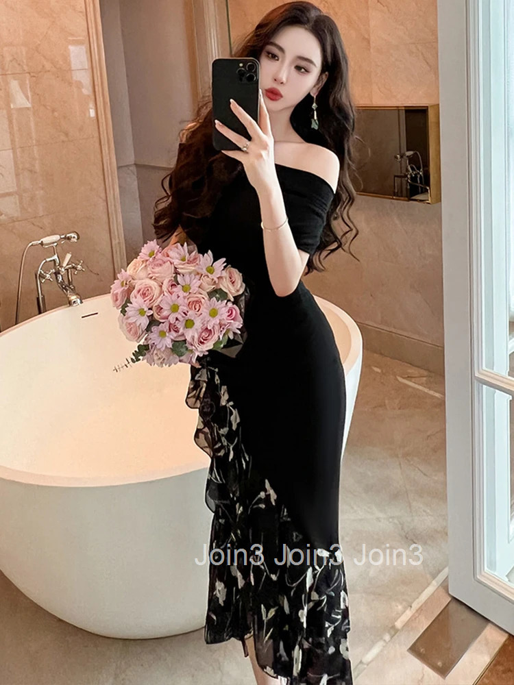Summer Elegant Women Evening Dress Black Chic Sexy Off-Shoulder Bodycon Maxi Dresses Party Club Prom Robe Femme Mujer Vestidos