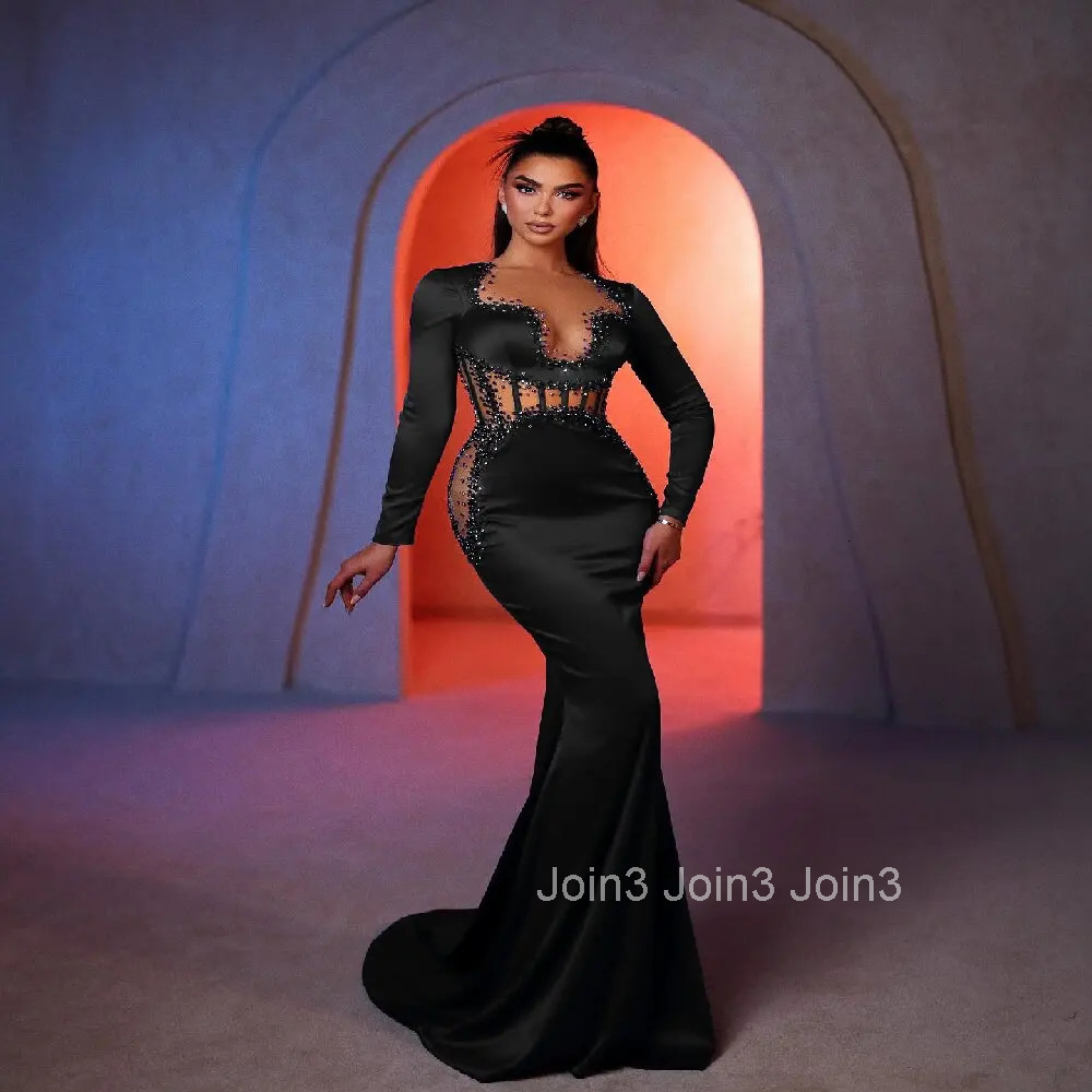 Autumn New Black Long Sleeve Beading Diamonds Embelling Trumpet Dress For Women Sexy Gauze Slim Club Party Clothing 72h Shipment