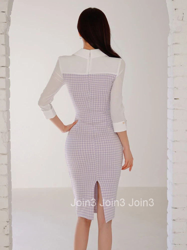 New Spring Autumn Elegant Women Evening Dress Chic Casual Houndstooth V-Neck Slim Slit Midi Pencil Street Clothes Mujer Vestidos