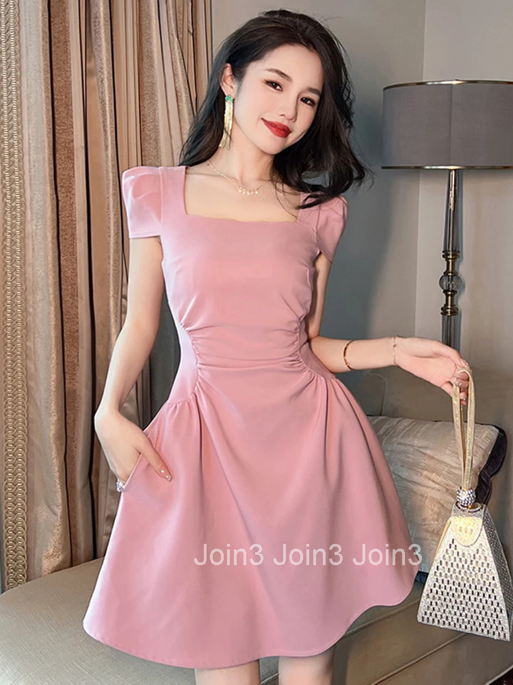 Summer Evening Short Dress Elegant Women Sweet Chic Retro Sexy Square Collar Slim Mini Party Gown Mujer Vestidos Street Clothes