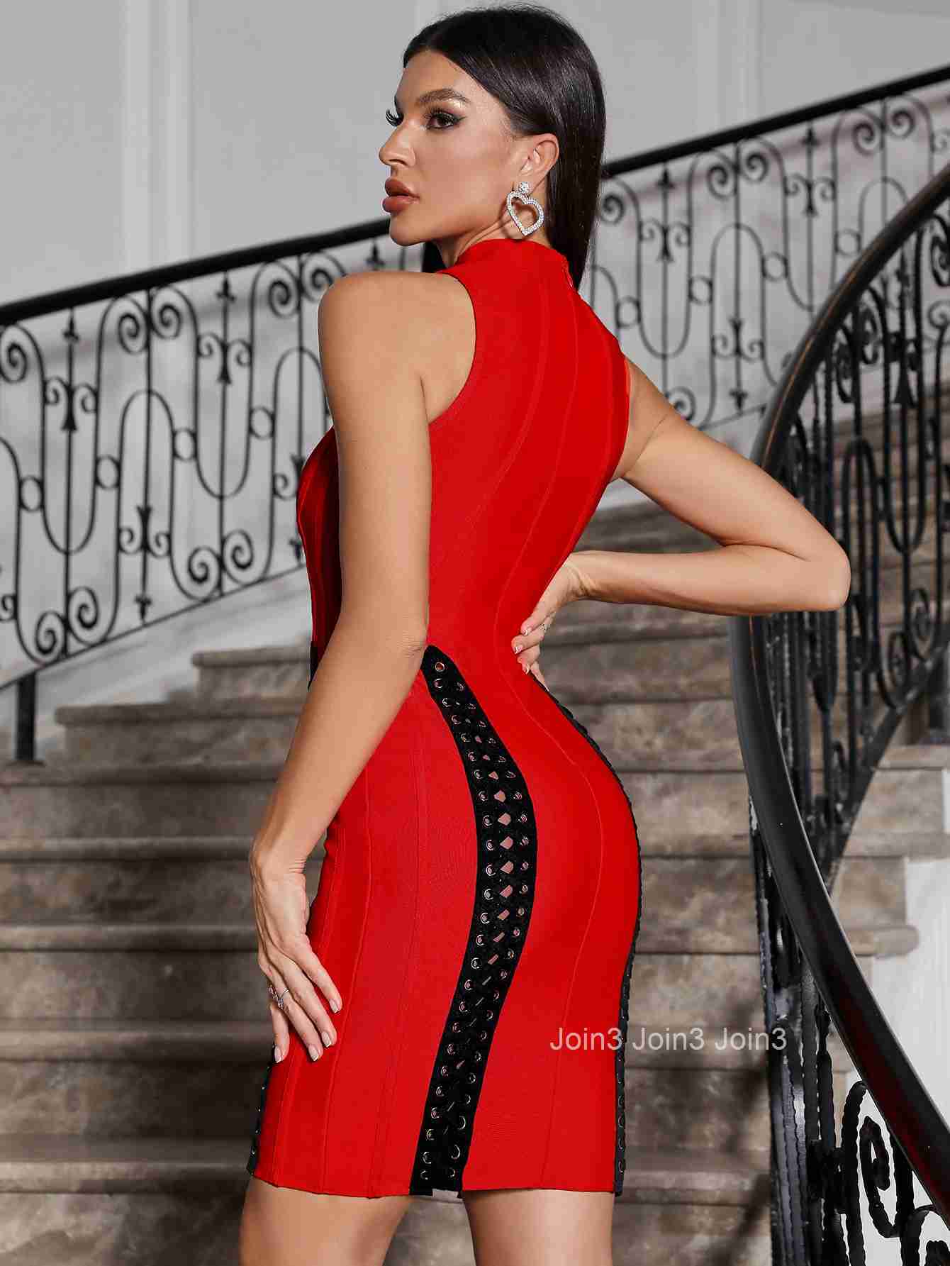 Red Black Contrasting Color Short Bandage Dress Sexy Bodycone Slim Evening Dinner Gown Fashion Womens Clothing Spring New