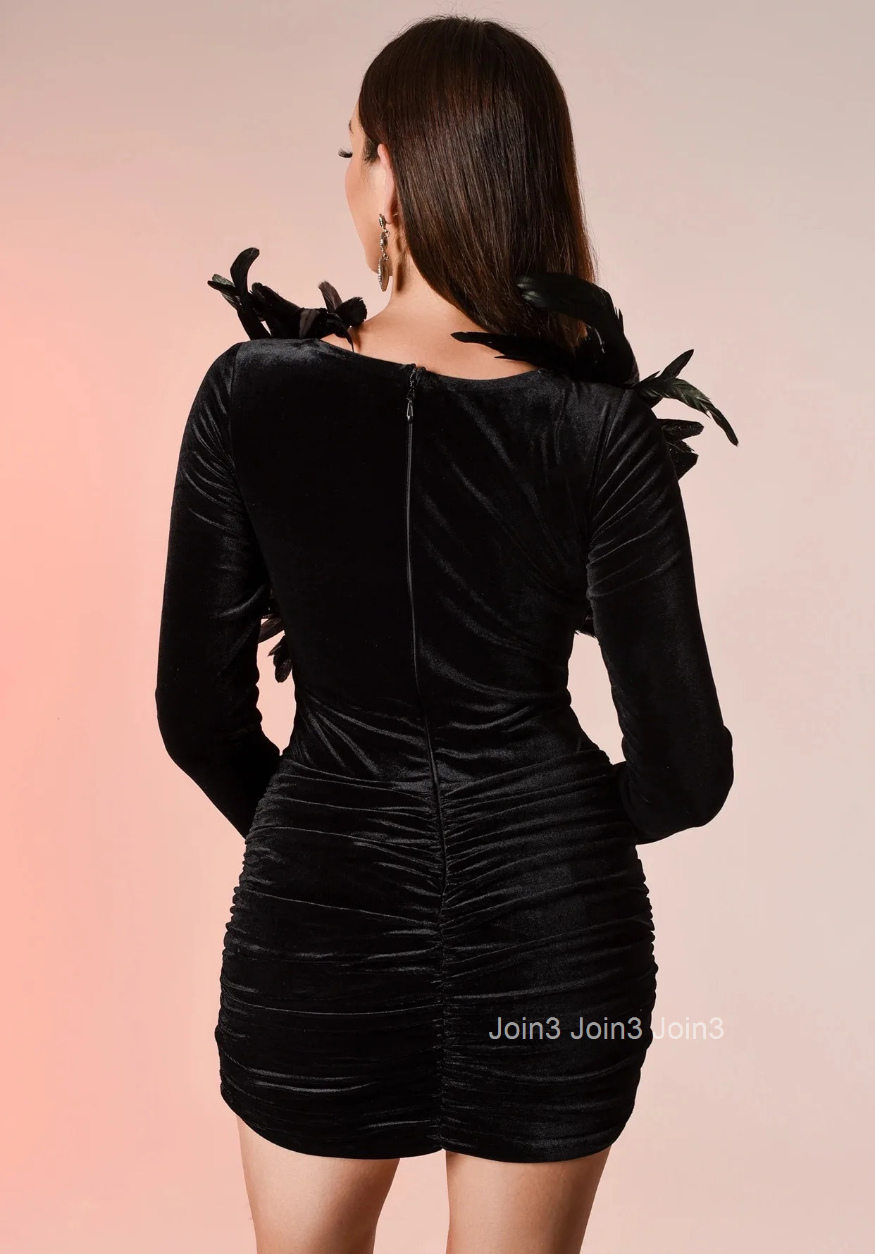 2025 Summer New Fashion Elegant V-neck Long Sleeve Feather Sexy Wrap Hip Solid Color Women Evening Dress Ceremony Party Clothing