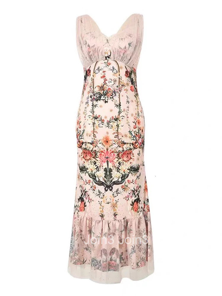 Summer Fashion Pink Floral Print Vacation Evening Dress Women Clothes Elegant Sexy Tank V-Neck Slim Long Robe Party Prom Vestido