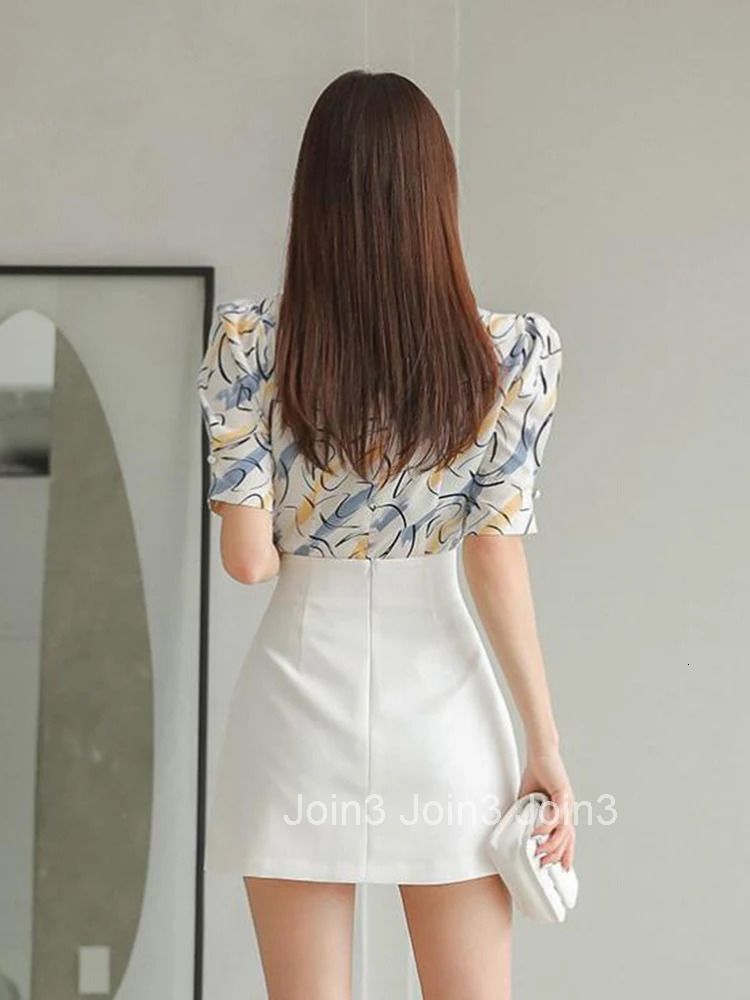 Summer 2 Pieces Outfits Women Elegant Print Short Sleeve Tops Shirt Blouse High Waist Mini Skirt Mujer Slim Set Street Clothes