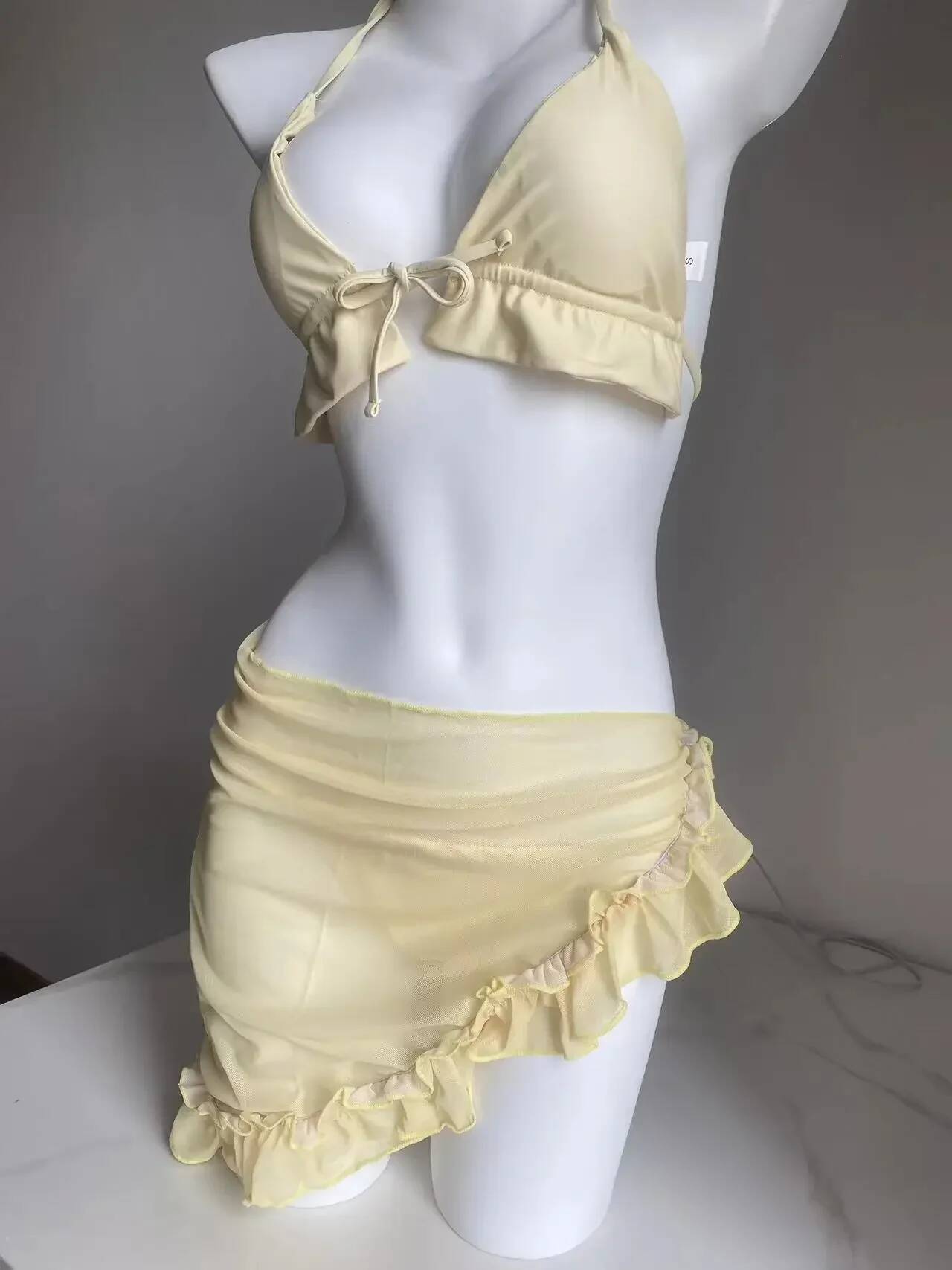Lady's Summer New Yellow Lilac Bikini 3 PCS Swimsuit With Mesh Short Beach Sarong Swimwear Biquini Beachwear Outfit